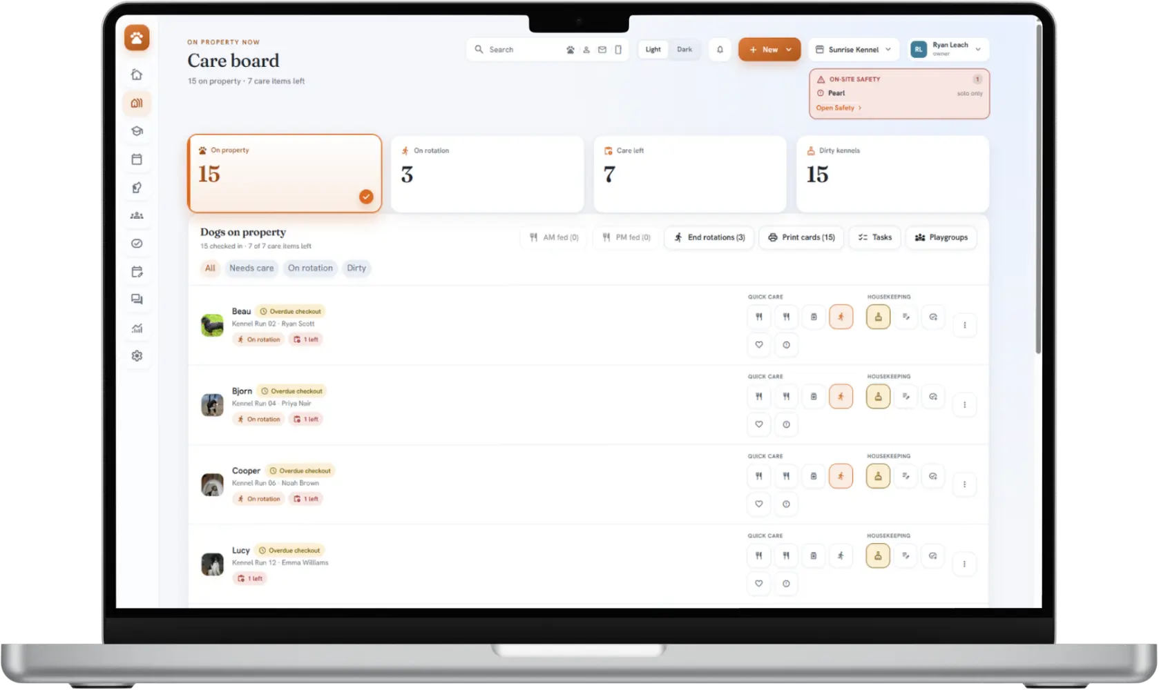 BarkWhiz Care board showing fast care actions for every dog