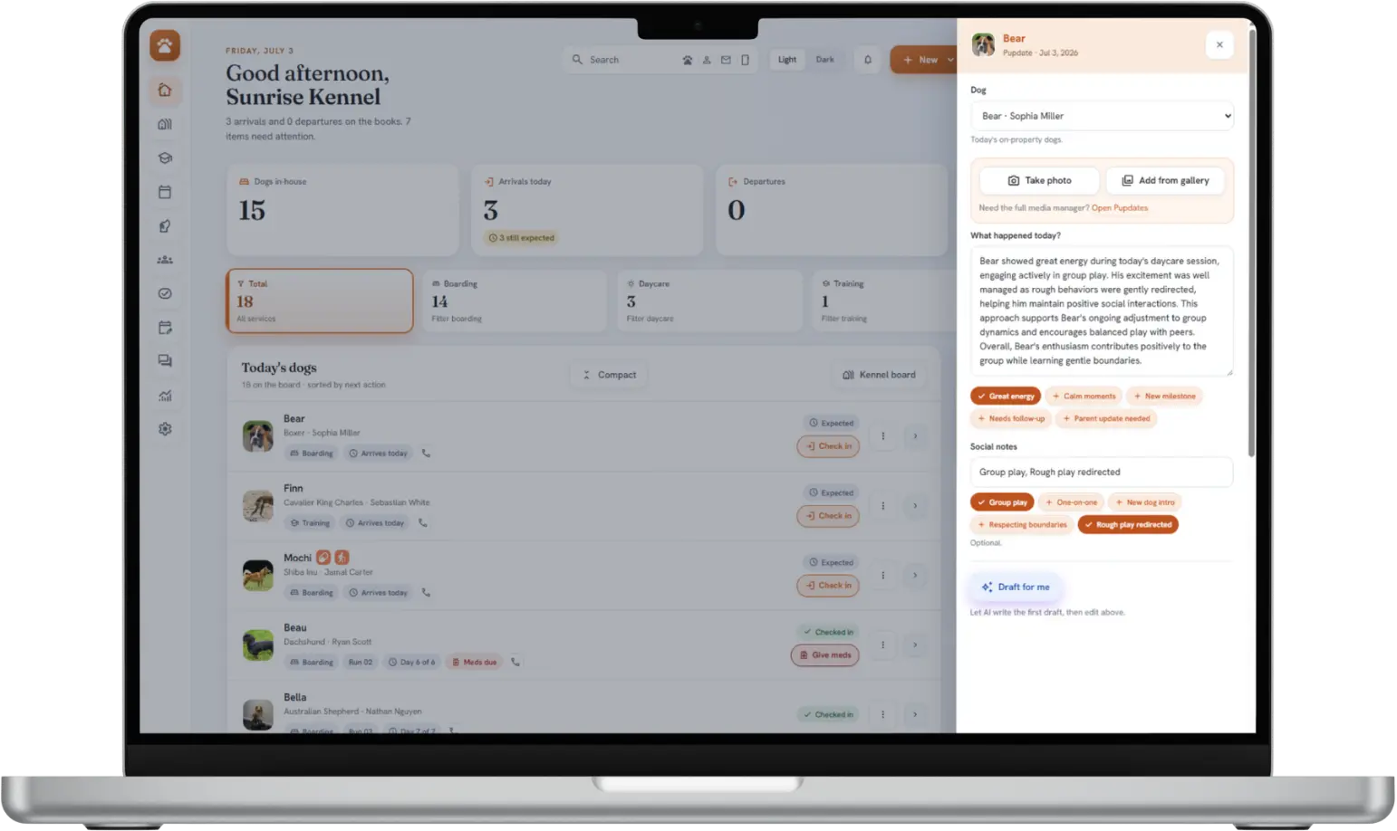 BarkWhiz operations dashboard with today's arrivals and dogs