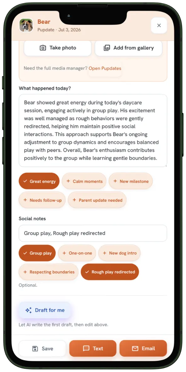 BarkWhiz AI-drafted pet-parent update on mobile
