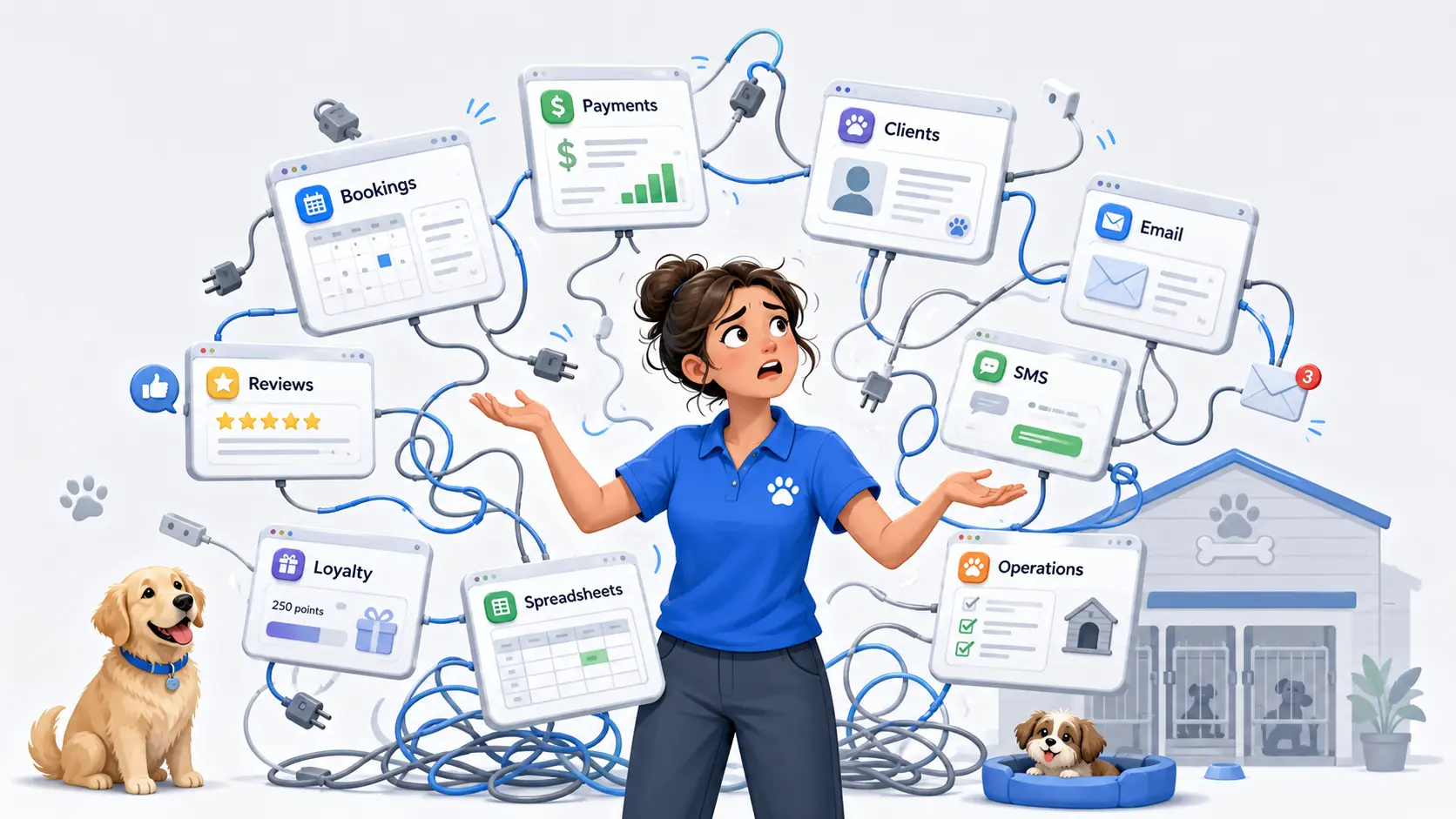 An overwhelmed pet-care facility owner juggling a tangle of disconnected apps — bookings, payments, clients, email, SMS, reviews, loyalty, spreadsheets and operations — wired together with messy cables