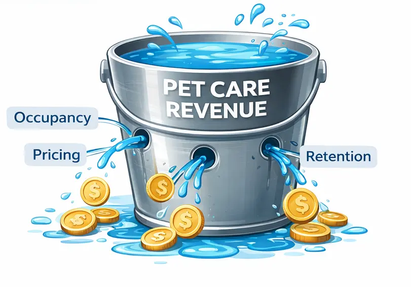 Illustration of a pet care revenue bucket leaking money from occupancy, pricing, and retention holes